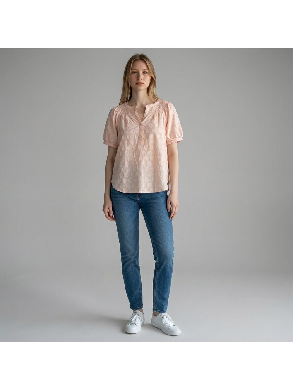 New Loft Blouse Women M Medium Pink Geometric 1/2 Button Short Sleeve Cotton